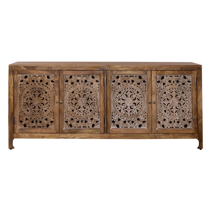 Marisol 74 Inch 4 Door Accent TV Stand in Weathered Honey and Soft Wash Gray - Furniture 4 Less (Jacksonville, NC)
