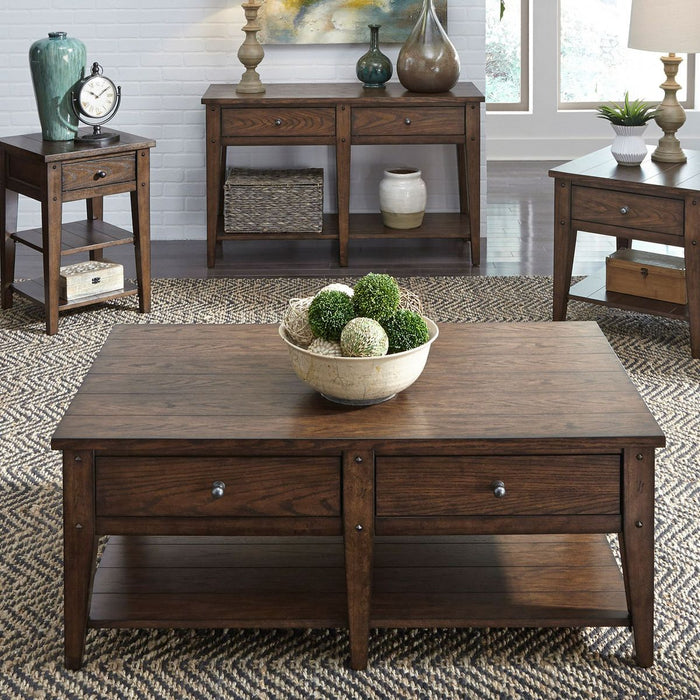 Liberty Furniture Lake House Cocktail Table in Rustic Brown Oak - Furniture 4 Less (Jacksonville, NC)