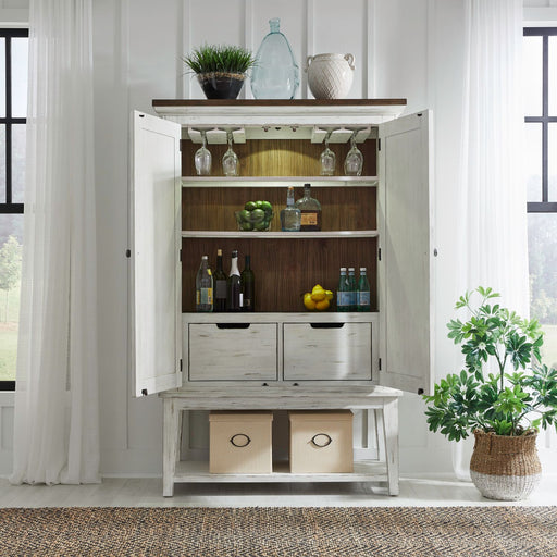 River Place Bar Cabinet in Riverstone White & Tobacco EST SHIP TIME APPX 4 WEEKS - Furniture 4 Less (Jacksonville, NC)