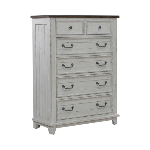 River Place 6 Drawer Chest in Riverstone White and Tobacco - Furniture 4 Less (Jacksonville, NC)