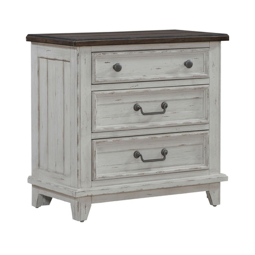 River Place 3 Drawer Nightstand with Charging Station in Riverstone White and Tobacco - Furniture 4 Less (Jacksonville, NC)