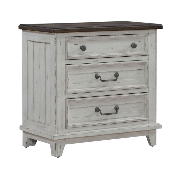 River Place 3 Drawer Nightstand with Charging Station in Riverstone White and Tobacco - Furniture 4 Less (Jacksonville, NC)