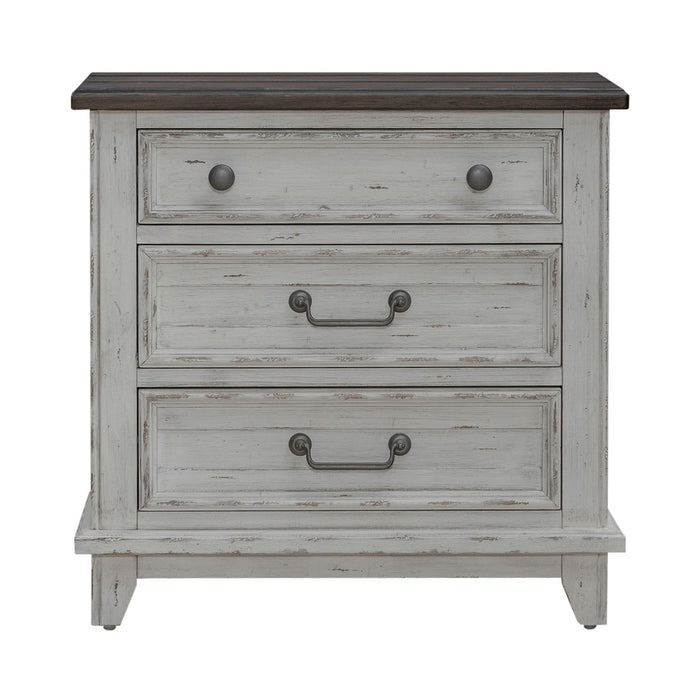 River Place 3 Drawer Nightstand with Charging Station in Riverstone White and Tobacco - Furniture 4 Less (Jacksonville, NC)