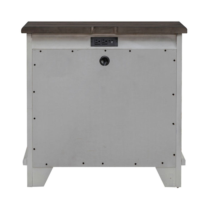 River Place 3 Drawer Nightstand with Charging Station in Riverstone White and Tobacco - Furniture 4 Less (Jacksonville, NC)