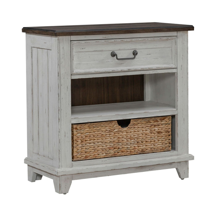 River Place Bedside Chest with Charging Station in Riverstone White and Tobacco - Furniture 4 Less (Jacksonville, NC)
