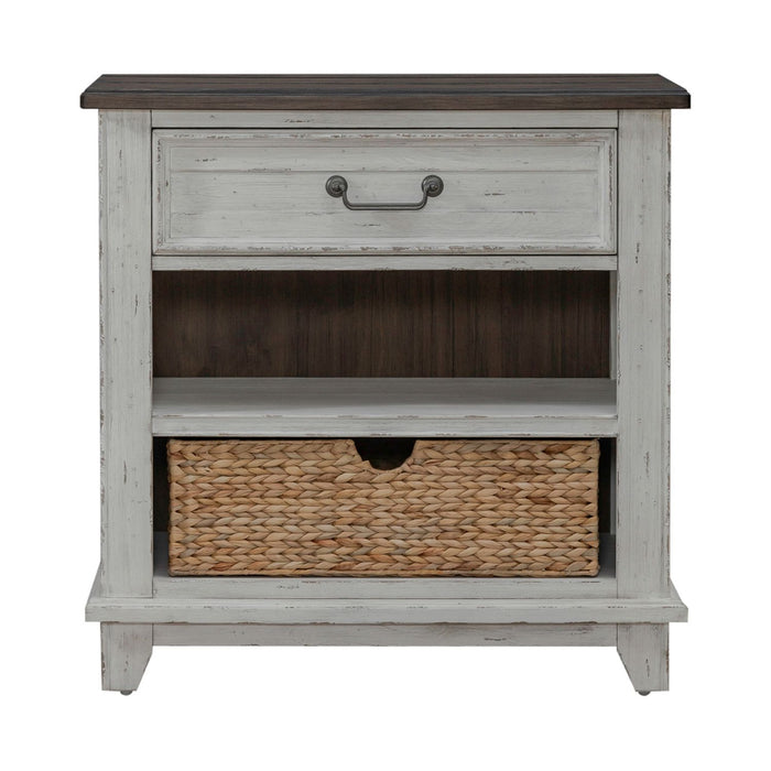 River Place Bedside Chest with Charging Station in Riverstone White and Tobacco - Furniture 4 Less (Jacksonville, NC)