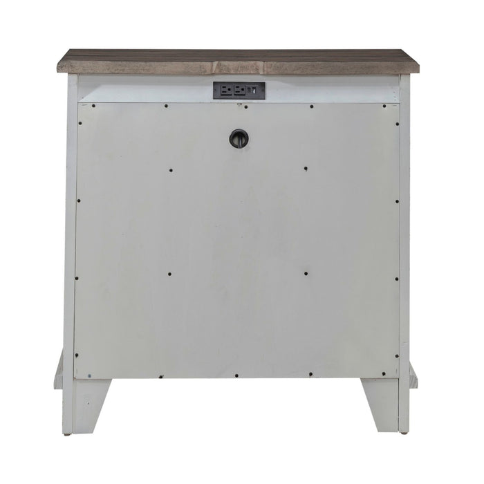 River Place Bedside Chest with Charging Station in Riverstone White and Tobacco - Furniture 4 Less (Jacksonville, NC)