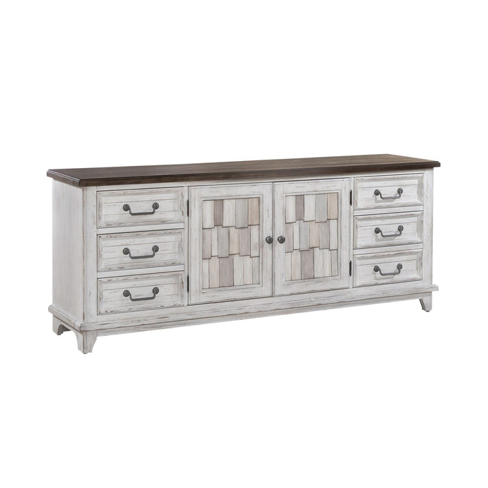 River Place Entertainment Console in Riverstone White/Tobacco - Furniture 4 Less (Jacksonville, NC)