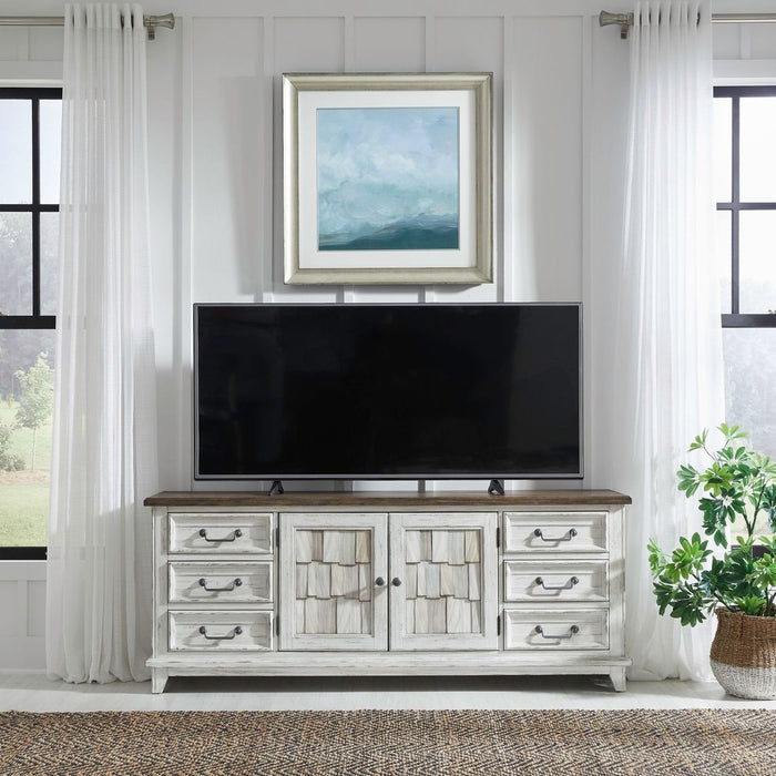 Liberty Furniture River Place Entertainment Center with Piers in Riverstone White/ Tobacco - Furniture 4 Less (Jacksonville, NC)