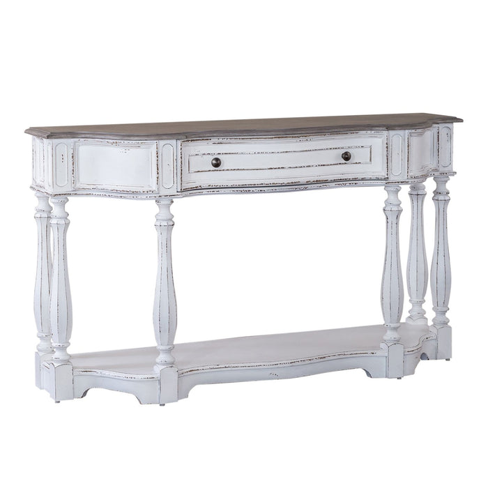 Magnolia Manor 56 Inch Hall Console Table in Antique White Base w/ Weathered Bark Tops - Furniture 4 Less (Jacksonville, NC)