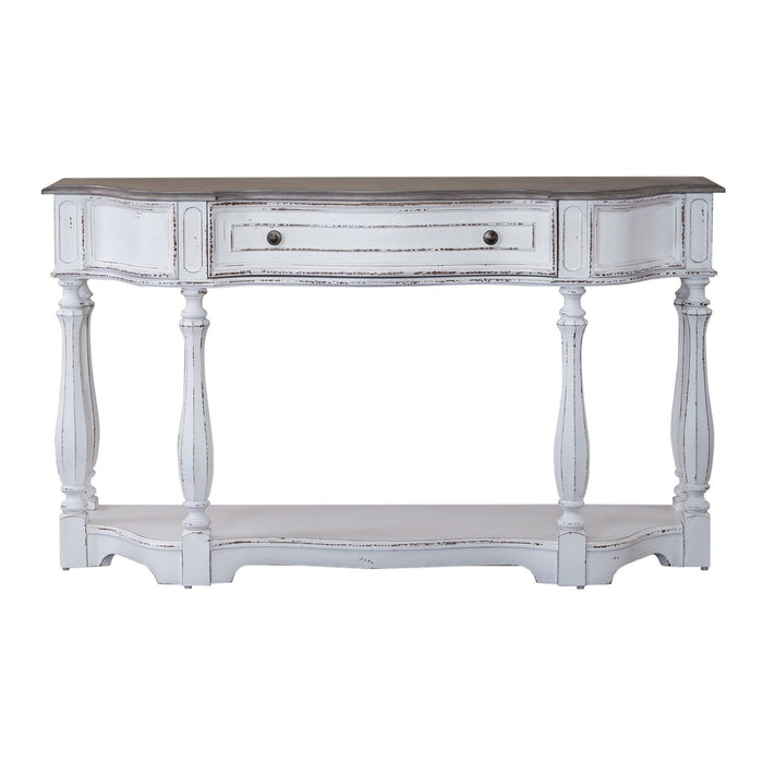 Magnolia Manor 56 Inch Hall Console Table in Antique White Base w/ Weathered Bark Tops - Furniture 4 Less (Jacksonville, NC)