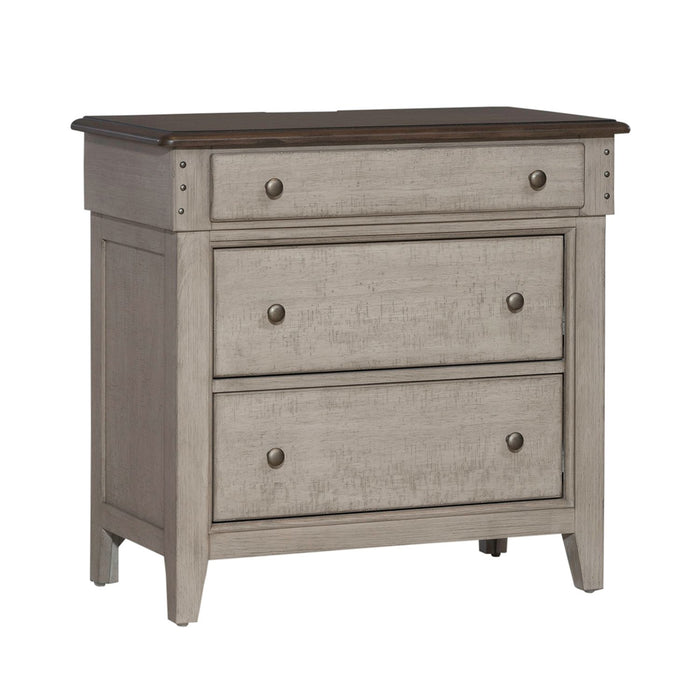 Ivy Hollow 3 Drawer Bedside Chest w/ Charging Station in Weathered Linen - Furniture 4 Less (Jacksonville, NC)