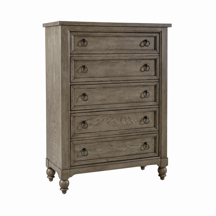 Americana Farmhouse 5 Drawer Chest in Dusty Taupe and Black - Furniture 4 Less (Jacksonville, NC)