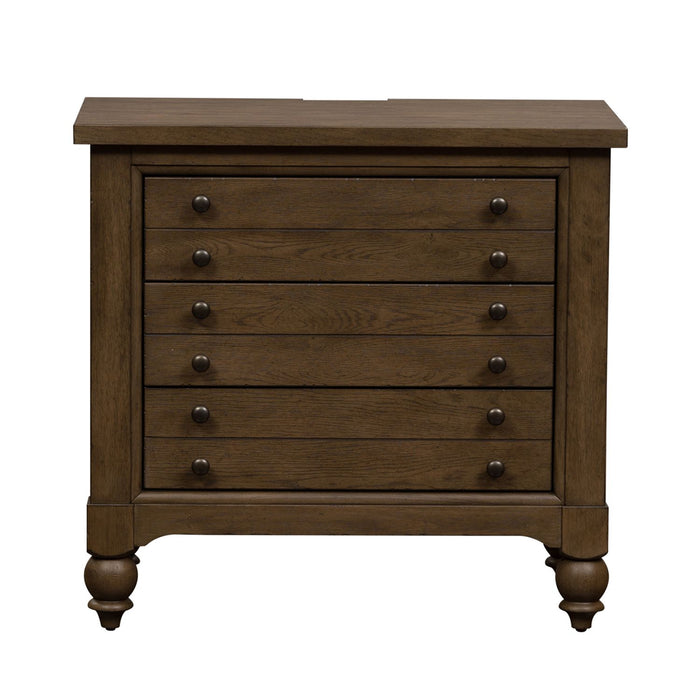Americana Farmhouse 6 Drawer Bedside Chest in Dusty Taupe and Black - Furniture 4 Less (Jacksonville, NC)