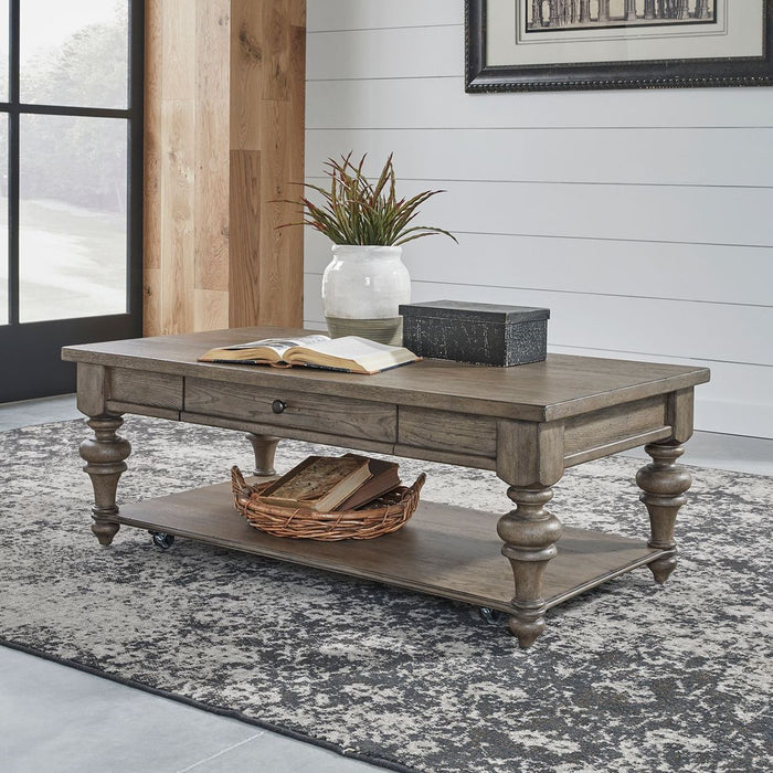 Liberty Furniture Americana Farmhouse Rectangular Cocktail Table in Dusty Taupe - Furniture 4 Less (Jacksonville, NC)