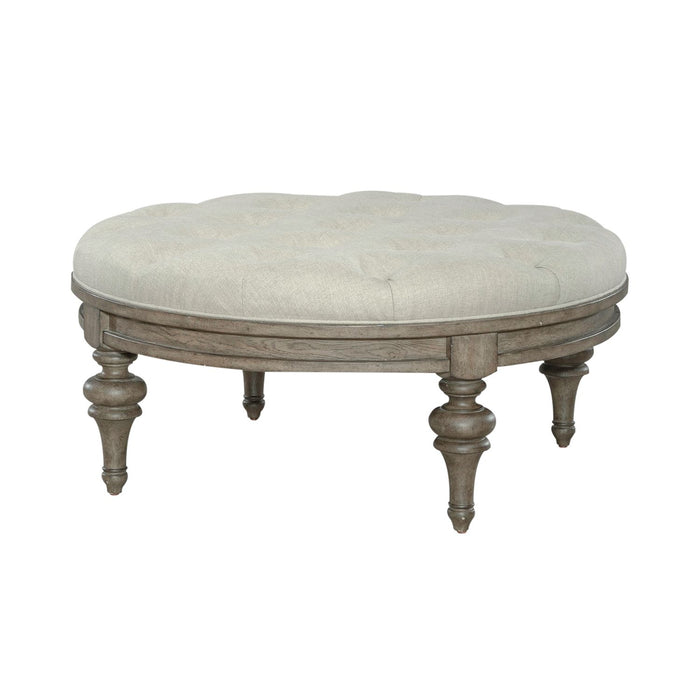 Americana Farmhouse Round Cocktail Ottoman in Dusty Taupe - Furniture 4 Less (Jacksonville, NC)