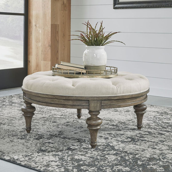 Liberty Furniture Americana Farmhouse Round Cocktail Ottoman in Dusty Taupe - Furniture 4 Less (Jacksonville, NC)