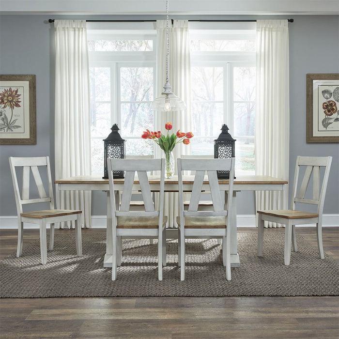 Liberty Furniture Lindsey Farm Trestle Dining Table in Weathered White & Sandstone - Furniture 4 Less (Jacksonville, NC)