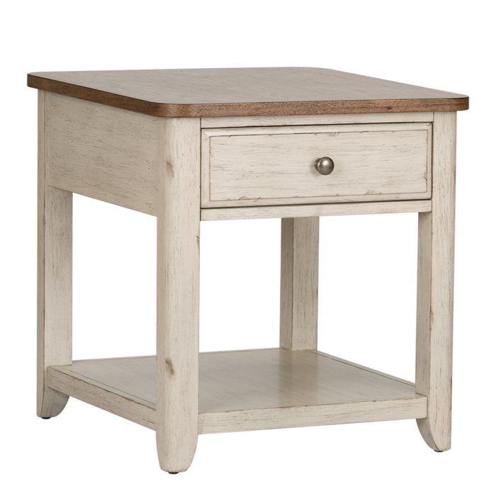 Farmhouse Reimagined End Table with Basket in Antique White - Furniture 4 Less (Jacksonville, NC)