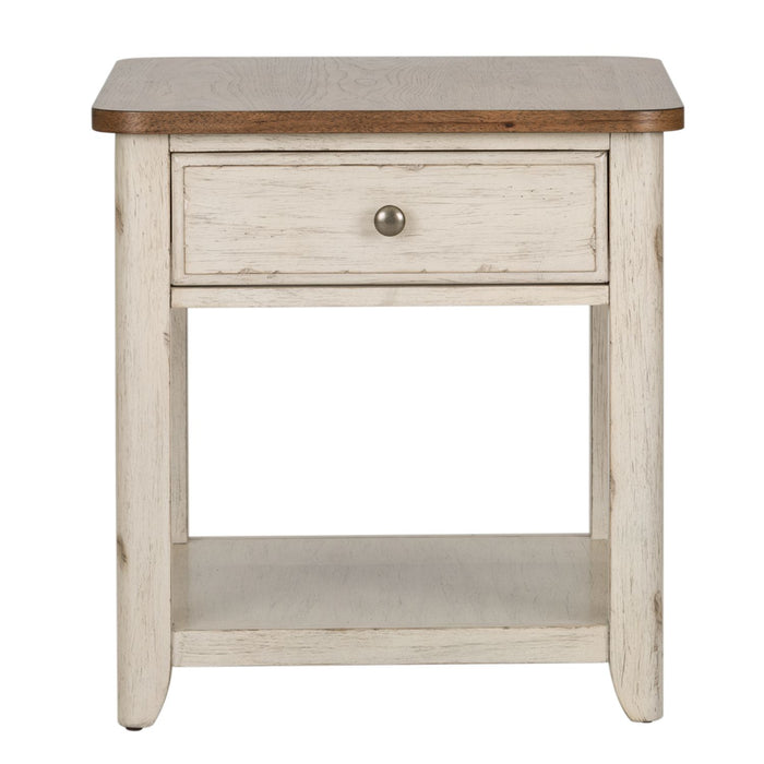 Farmhouse Reimagined End Table with Basket in Antique White - Furniture 4 Less (Jacksonville, NC)