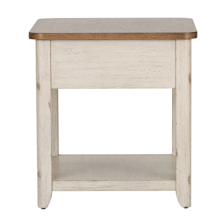 Farmhouse Reimagined End Table with Basket in Antique White - Furniture 4 Less (Jacksonville, NC)