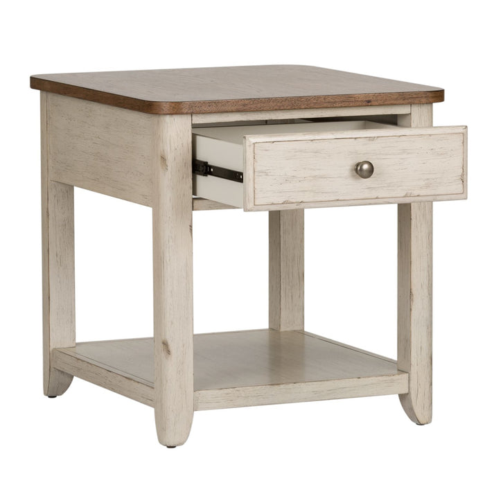Farmhouse Reimagined End Table with Basket in Antique White - Furniture 4 Less (Jacksonville, NC)
