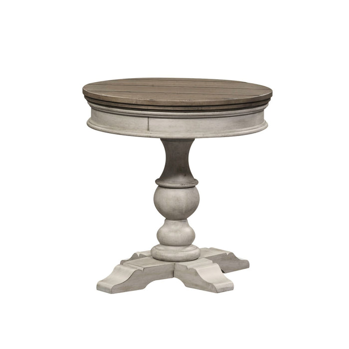 Heartland Round Pedestal Chair Side Table in Antique White - Furniture 4 Less (Jacksonville, NC)