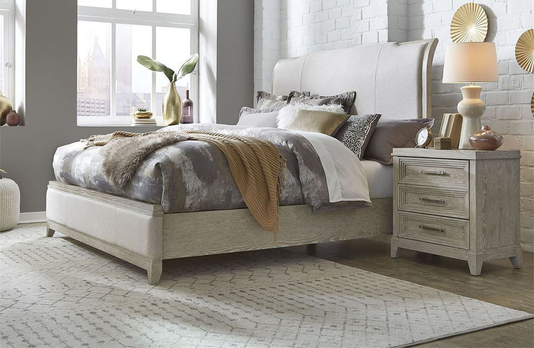 Liberty Furniture Belmar King Upholstered Sleigh Bed in Washed Taupe and Silver Champagne - Furniture 4 Less (Jacksonville, NC)