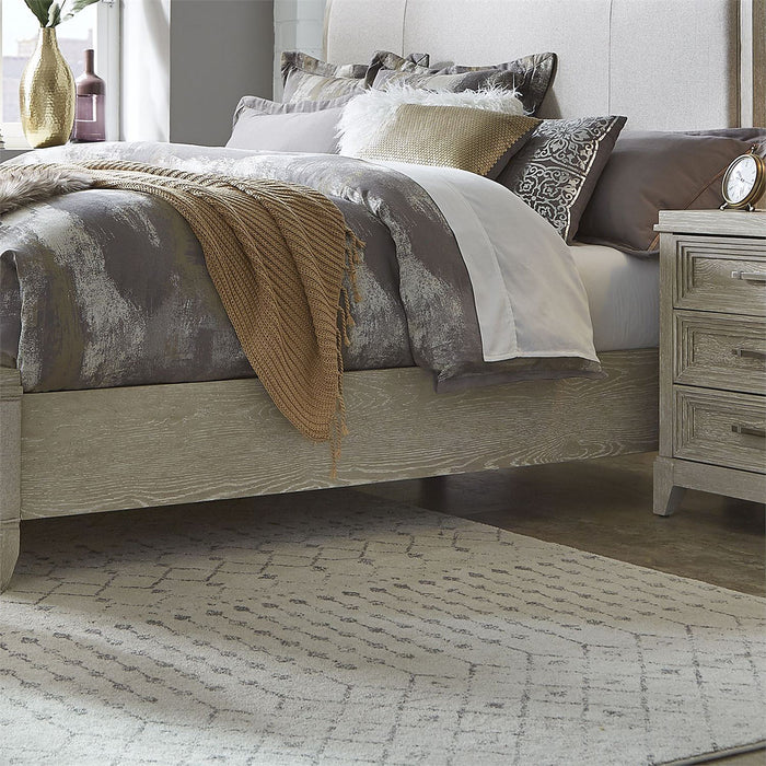 Liberty Furniture Belmar Queen Upholstered Sleigh Bed in Washed Taupe and Silver Champagne - Furniture 4 Less (Jacksonville, NC)