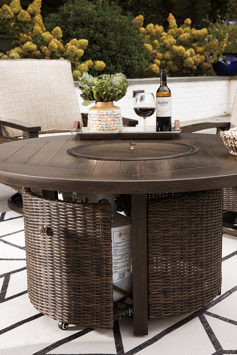 Paradise Trail Paradise Trail Fire Pit Table with 4 Nuvella Swivel Lounge Chairs - Furniture 4 Less (Jacksonville, NC)